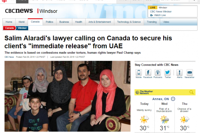 CBCnews Windsor - Salim Alaradi's lawyer calling on Canada to secure his client's "immediate release" from UAE